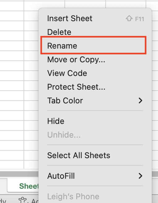 Worksheet menu highlighting the Rename option