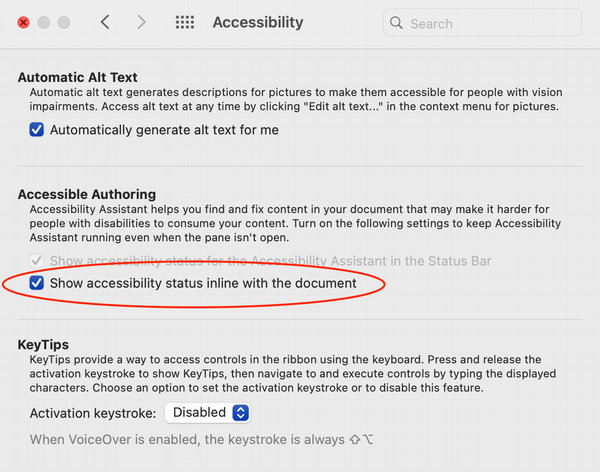 Accessibility screen on Mac Microsoft Word