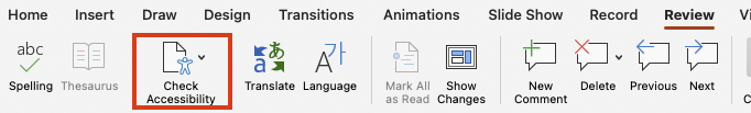 A screenshot showing the Review tab in PowerPoint on Mac, highlighting the 'Check Accessibility' option.