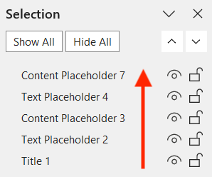 Selection pane with red arrow pointing upwards showing the reading order from top to bottom