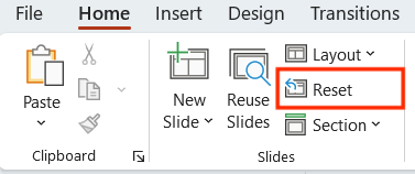 Screenshot of the Home tab in PowerPoint, with the Reset option highlighted.