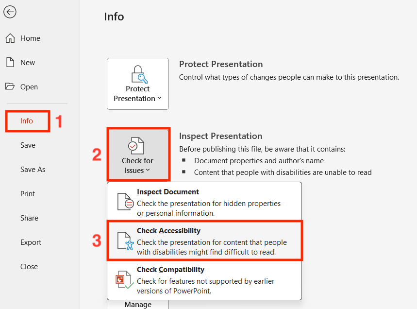 Screenshot of the File > Info menu, showing the options to check for accessibility highlighted.