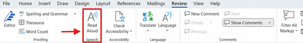 The Read Aloud option is outlined in red with a red arrow pointing to it in the Review tab of Microsoft Word