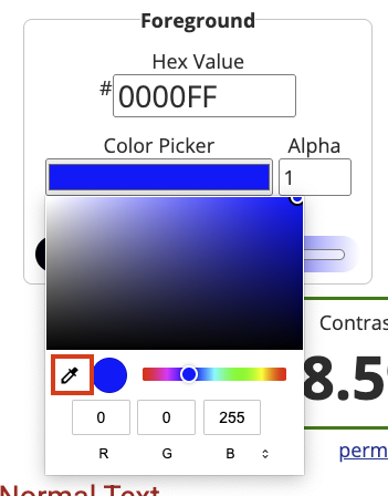 Color picker interface of the WebAIM Contrast Checker with the eyedropper tool outlined in red.