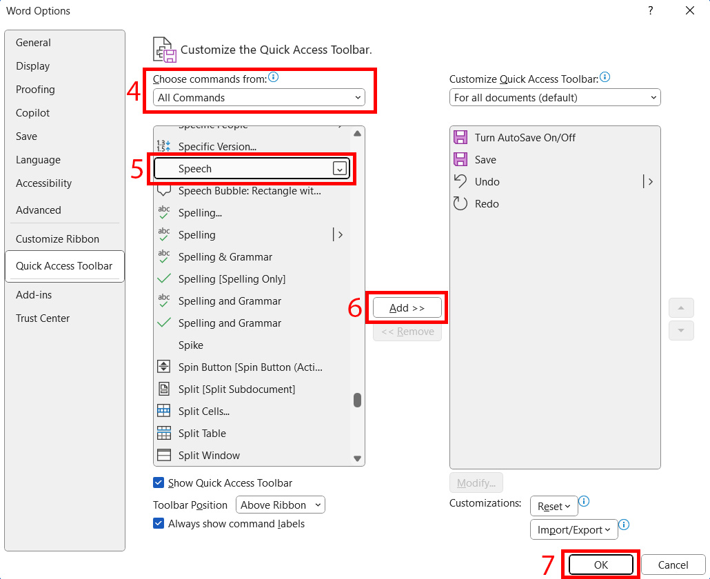 Screenshot of the Word Options dialog, showing how to customize the Quick Access Toolbar by adding the Speech command.