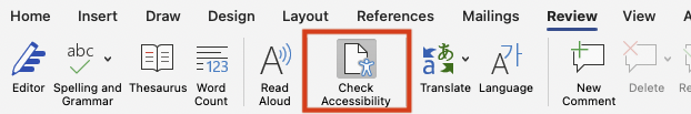 Opening the Check Accessibility tool on a Mac from the Review tab