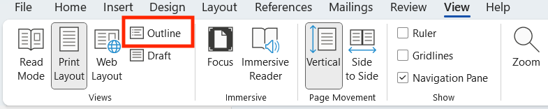 Screenshot showing the View tab in Microsoft Word with the Outline View option outlined in red