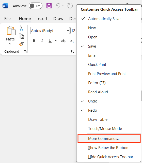 Screenshot of the Microsoft Word interface highlighting the "More Commands..." option in the Quick Access Toolbar customization menu.