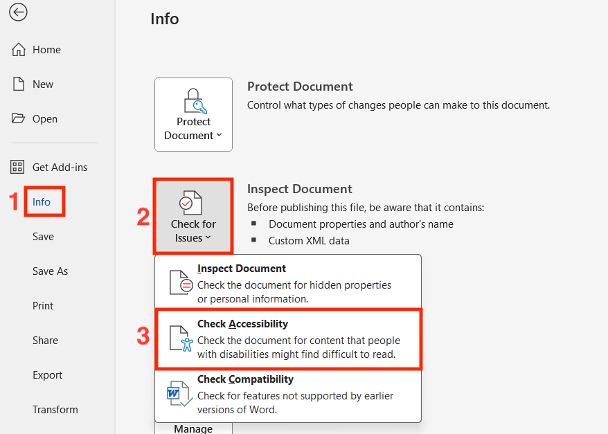 Navigating to the Accessibility Checker in Microsoft Word on Windows by going to Files > Info
