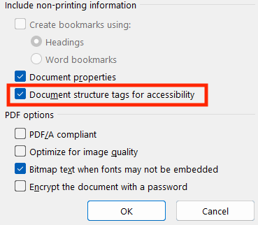 The Export Options window on Microsoft Word for Windows showing "Document structure tags for accessibility" selected