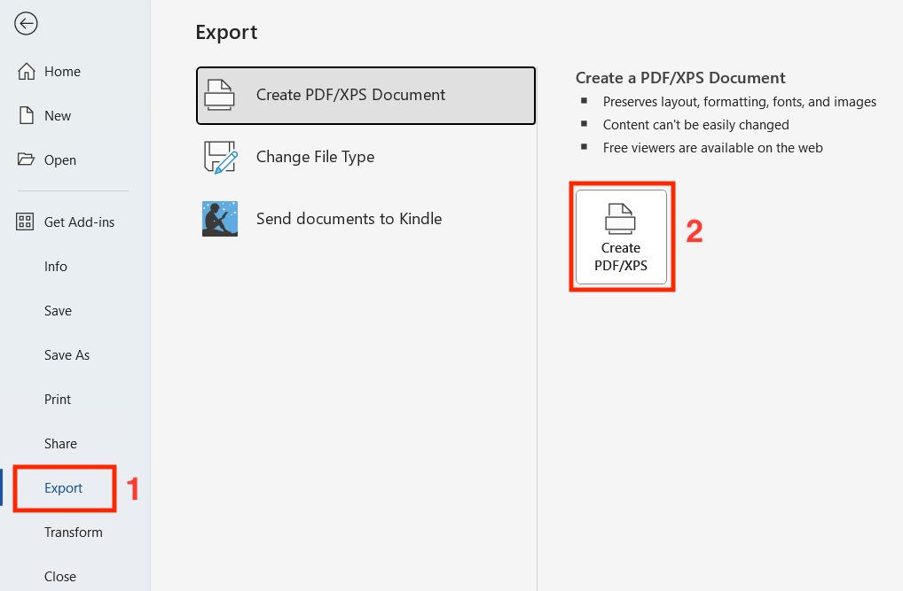 Menu for creating a PDF from a Word document in Windows by clicking File > Export