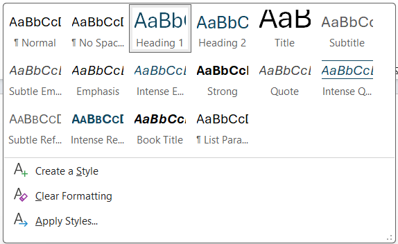 Styles window open in Microsoft Office with Heading 1 selected