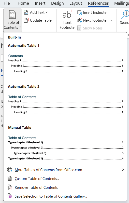 Using the References tab in Microsoft Office to insert a Table of Contents