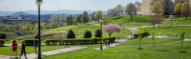 A scenic view East Campus featuring walking paths, trees, and students enjoying the outdoors.