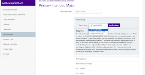 ApplyWeb Transfer Majors