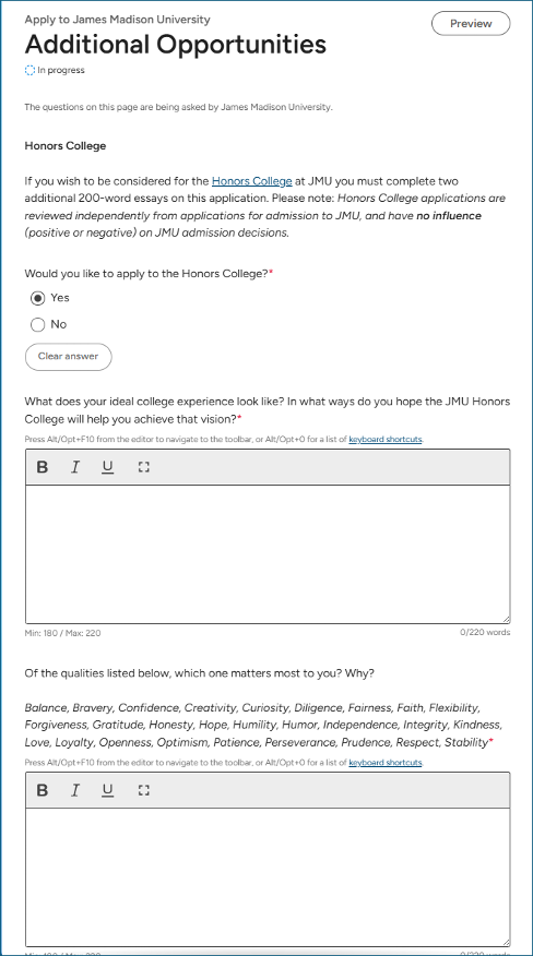 Common App - Honors College Essay Response Sections