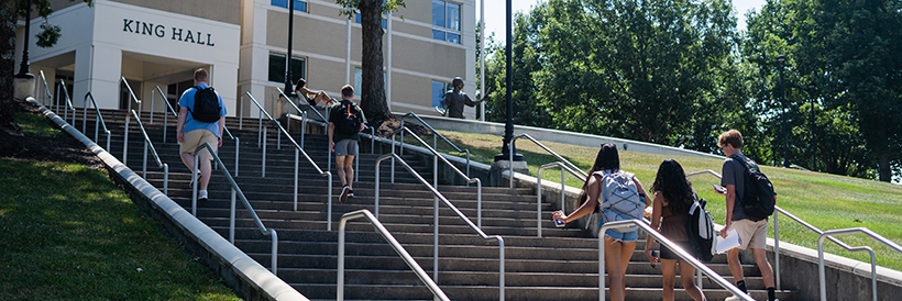 First Day of Classes - Students Walking Up King Hall Steps