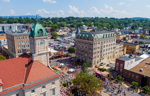 A birds-eye view of Court Square in downtown Harrisonburg