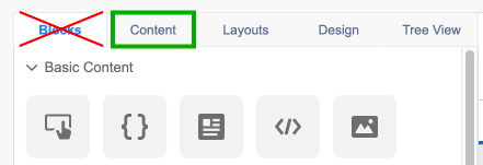 Screenshot of the content editing pane with a red X over the Blocks tab