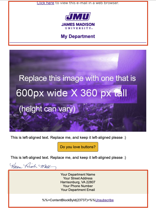 Screenshot showing the header and footer sections of an email outlined in red.