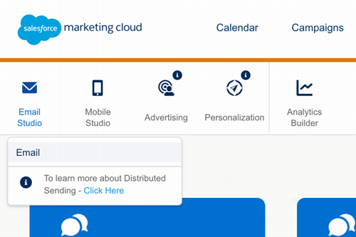 Screenshot of the Marketing Cloud top navigation with Email Studio expanded, showing the link to "Email"