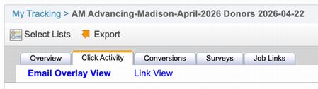 Screenshot showing the Click Activity tab open and displaying the options to view data on the Email Overlay View or Link View.