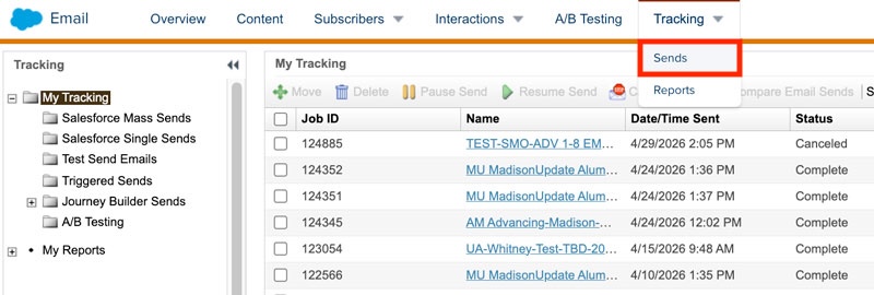 Screenshot of the Email Studio top navigation with the Tracking menu option expanded and "sends" highlighted by a red box.