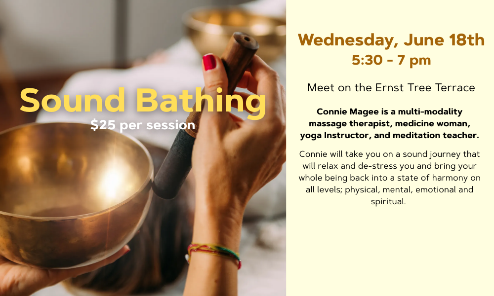 flyer for sound bathing with text describing soundbathing