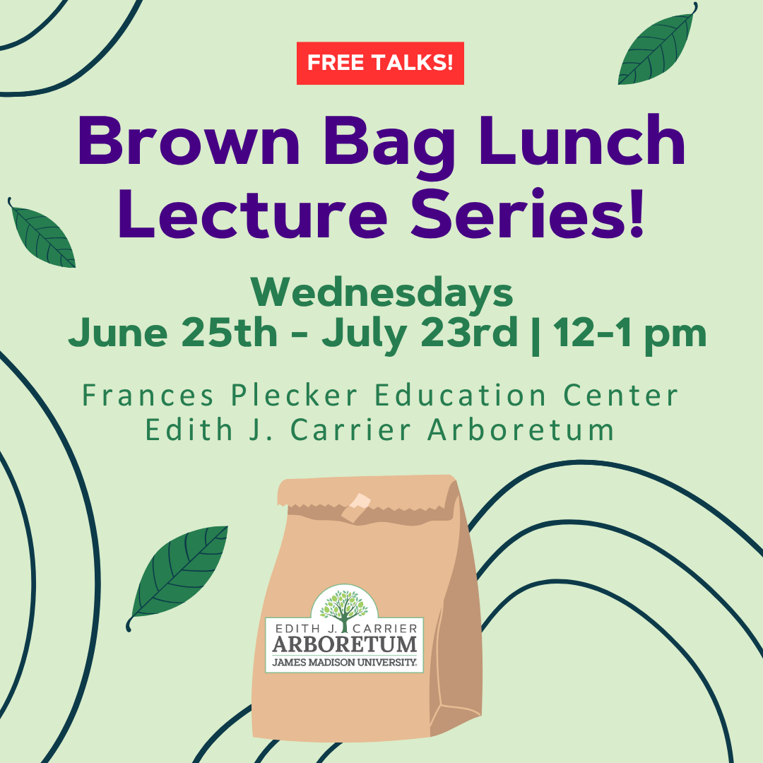 Graphic promoting a series of free "Brown Bag Lunch" lectures at the Edith J. Carrier Arboretum, featuring dates, times, and location details.