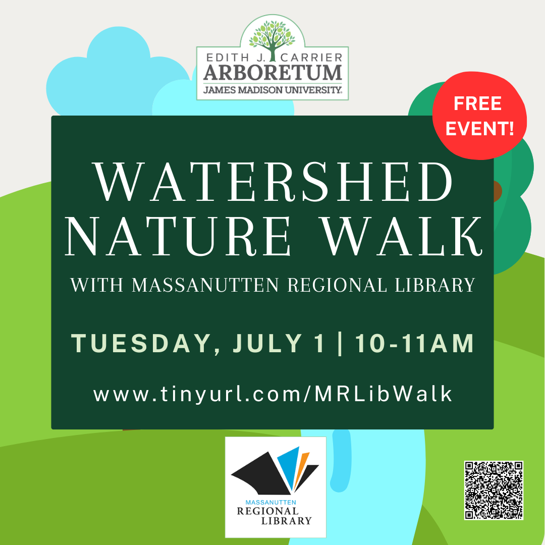 Promotional graphic for a free Watershed Nature Walk event hosted by Massanutten Regional Library, featuring event details and a QR code for more information.