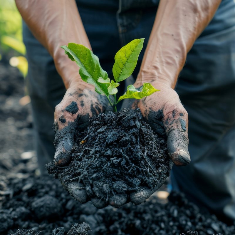 Person holding plant growing in biochar soil amendment 