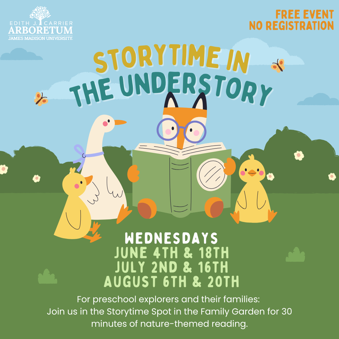 Playful illustration promoting a free storytime event in the Family Garden, featuring a dressed-up fox reading to a duck and a chick.