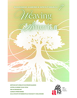 Weaving America event poster featuring a stylized white tree with flowing roots on a green and orange gradient background.