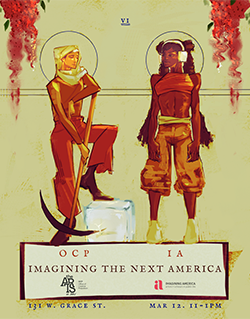 Illustration of two stylized characters standing side by side, one holding a scythe, above the text “Imagining the Next America.”
