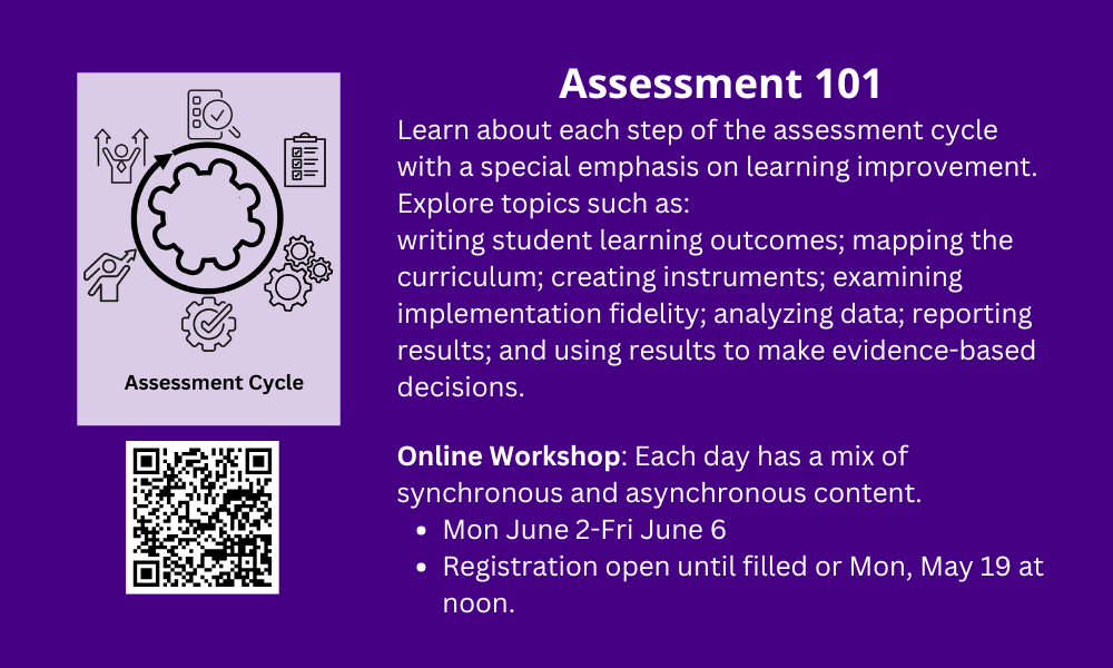 white text on tan background. Information of Assessment 101 for spring and summer 2025