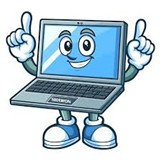 Personified Laptop with hands, feet, and a face.