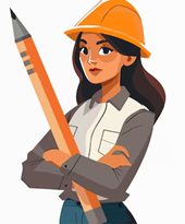 Woman wearing construction hat and holding large pencil
