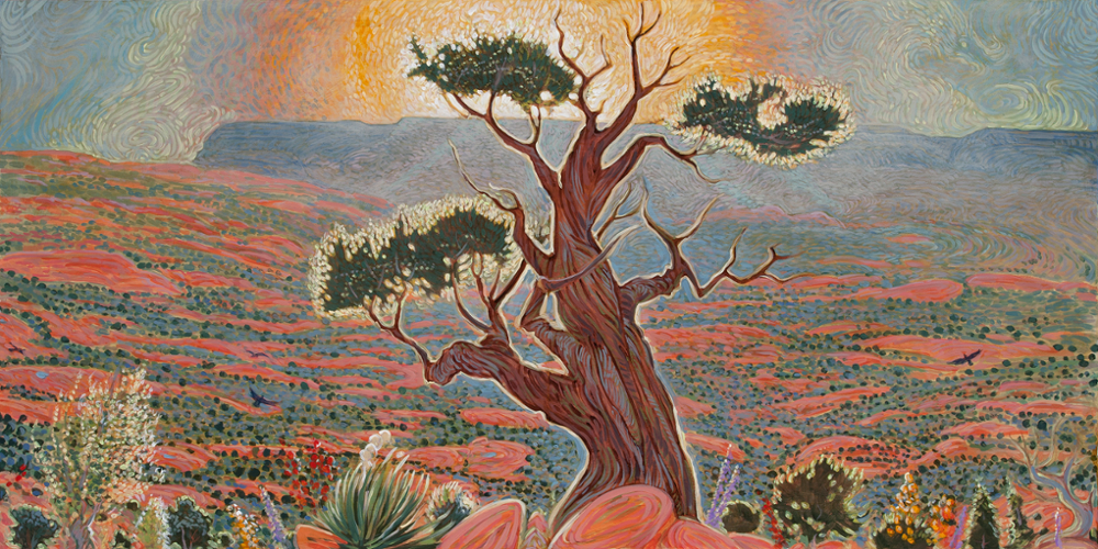 Shonto Begay Black Mesa Sunrise Acrylic on Canvas 24” x 48” Photographed by Tom Alexander Photography Courtesy Mark Sublette Medicine Man Gallery, Tucson, AZ