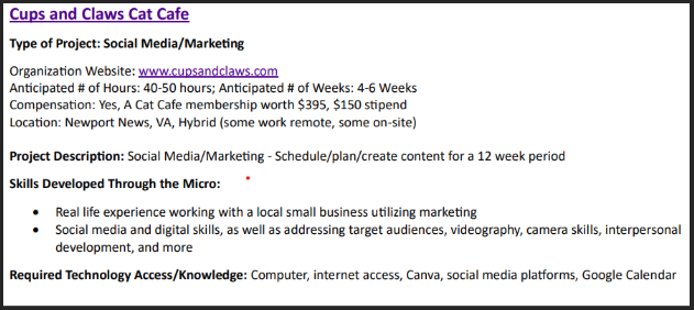 Example of a Madison Micro's internship post on Handshake 