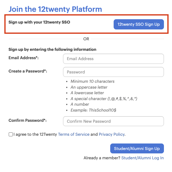 Screenshot of a sign-up form for the 12twenty platform, with the SSO login option outlined in red.