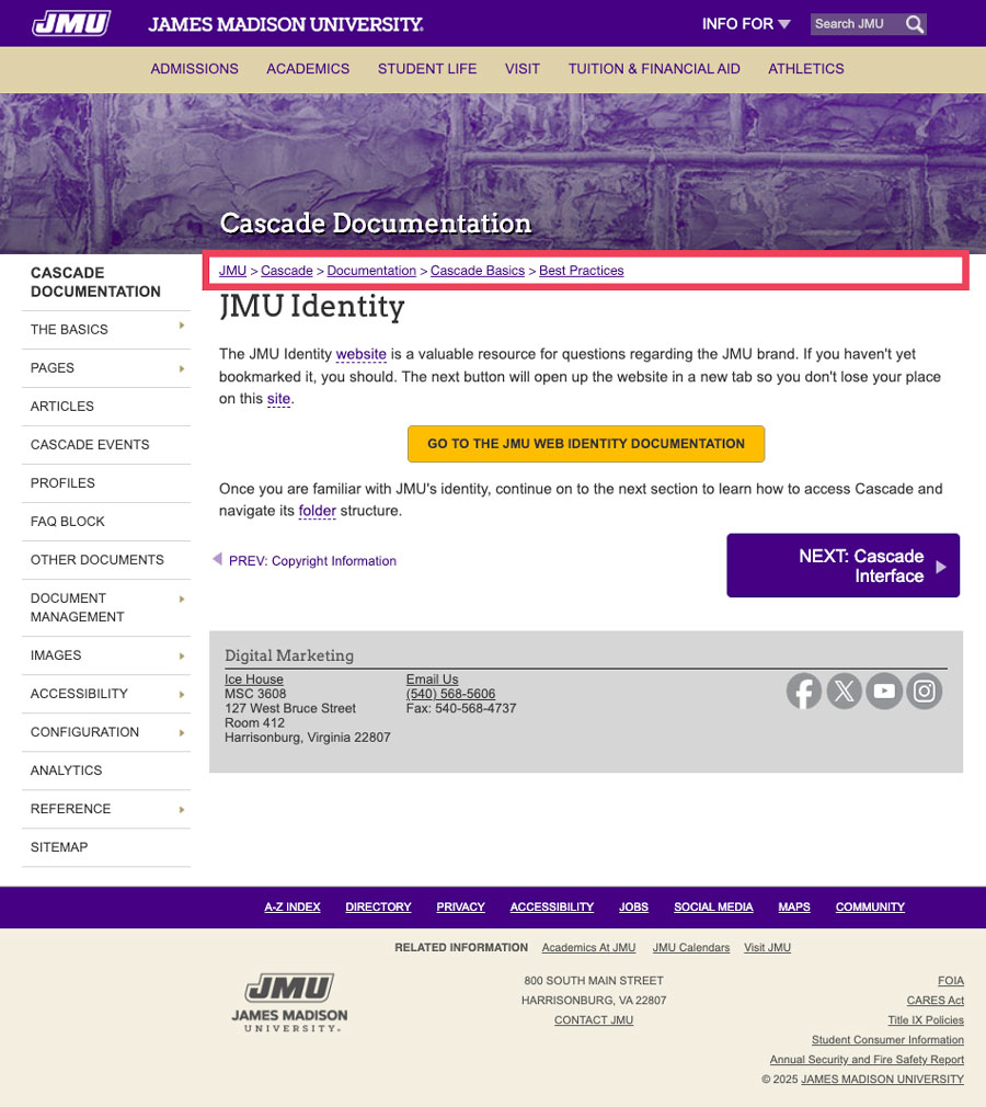 screenshot highlighting the breadcrumb area of a webpage on jmu.edu