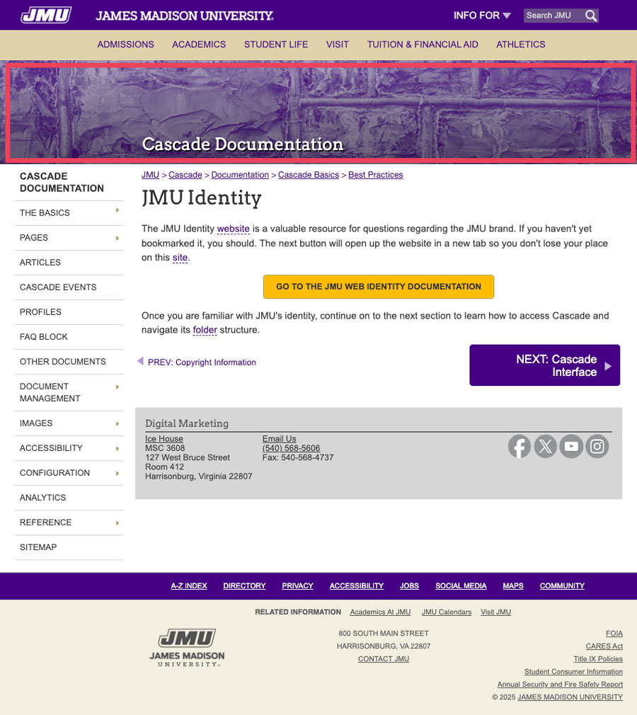 screenshot highlighting the site title area of a webpage on jmu.edu