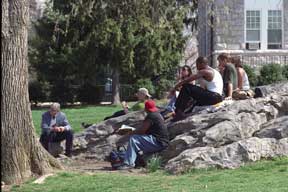 Male students on the Rock listening to a professor