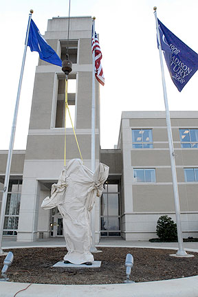 Draped statue awaiting the big birthday!