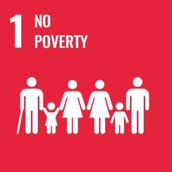 1 No Poverty. Abstract figures of two families: a male figure holding a cane alongside a female figure, both of whom are holding a child's hands. Female and male figures with a child between them.