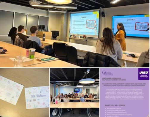 A collage featuring a classroom presentation on classroom management for school counselors, with attendees engaged in discussion and visuals from the presentation displayed on a screen.