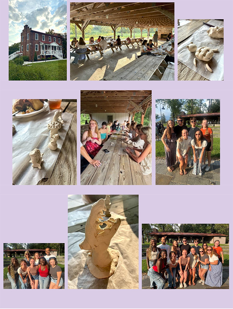 Images of JMU students and adults having a picnic with food and crafts.
