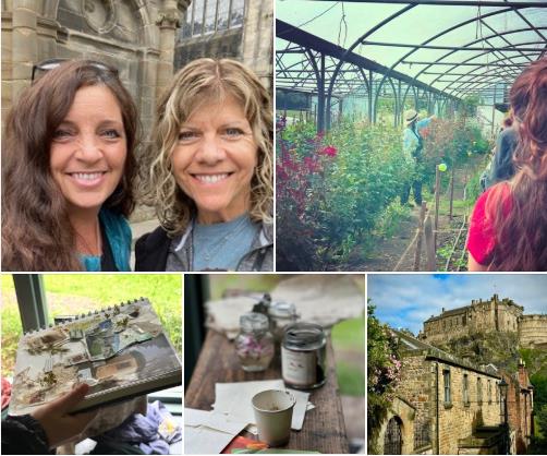 A collage featuring Drs Debbie Sturm and Renee Staton smiling together, a person tending to a garden, an artist's sketchbook with drawings, art supplies on a table, and a historical castle in the background.