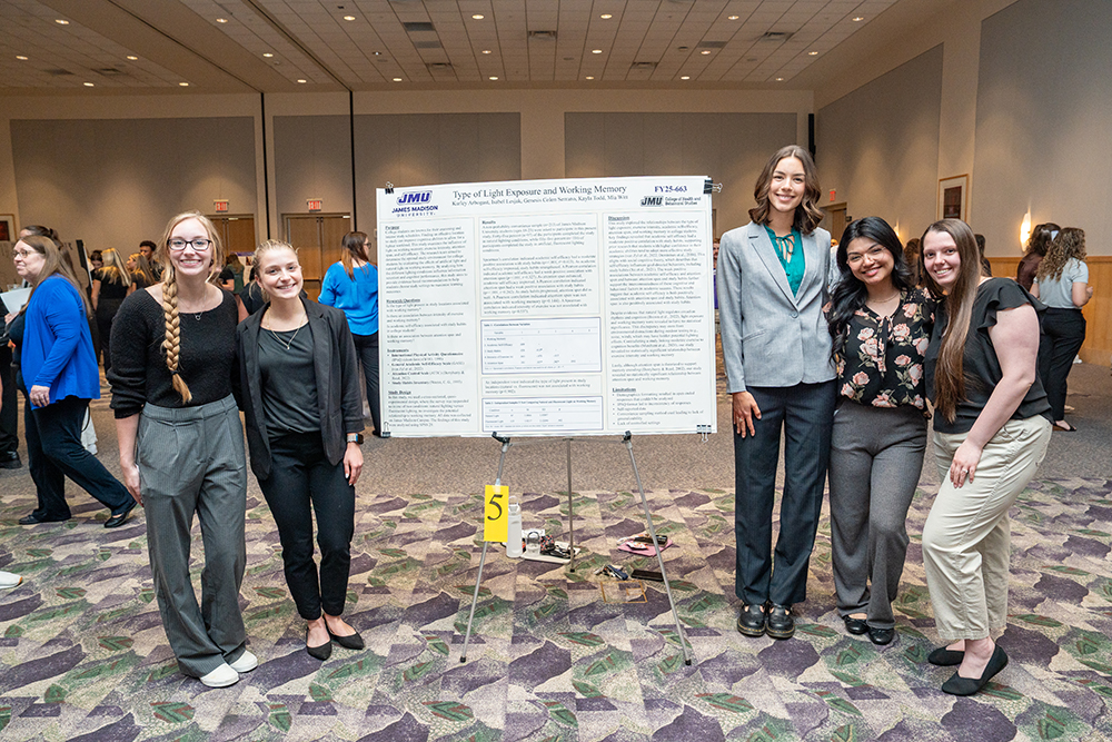 Group of JMU students from Health Sciences presenting the Best Overall Poster on Type of Light Exposure and Working Memory at the May 2025 Symposium.