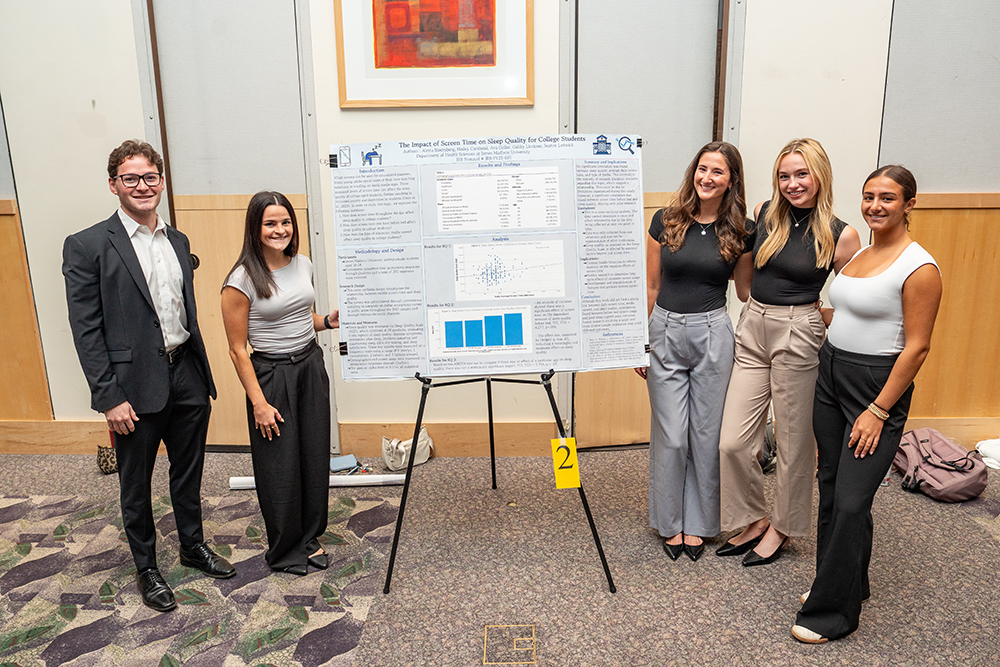 Group of JMU students from Health Sciences presenting the Best Poster on The Impact of Screen Time and Sleep Quality for College Students at the May 2025 Symposium.